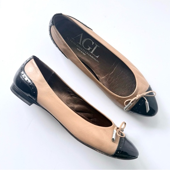 AGL Dara Pointed Cap Toe Tan & Black Patent Leather Spectator Ballet Flats 38.5 - Picture 1 of 13